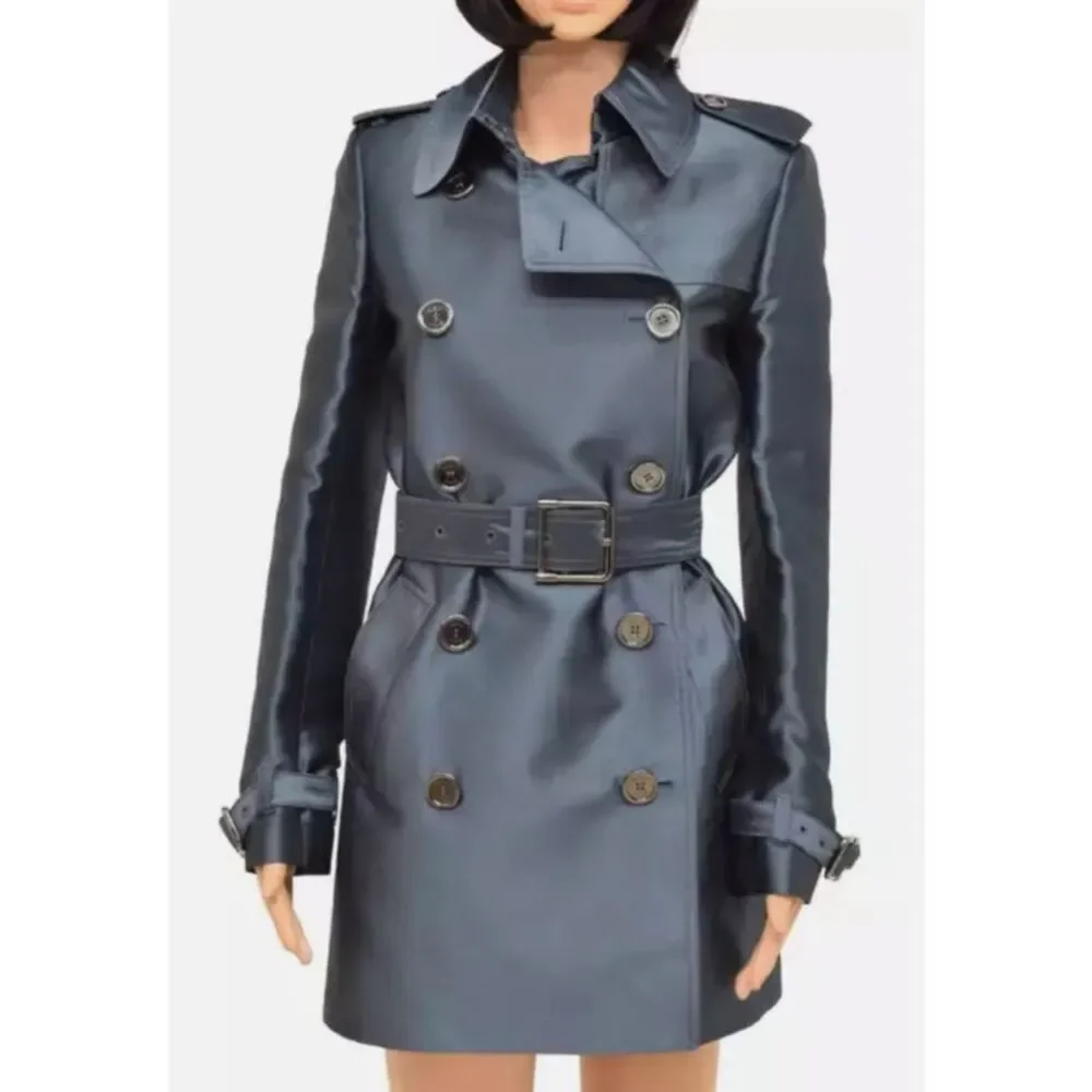 NEW NWT BURBERRY SILK Midnight Blue Trench Coat Jacket sz US 10 $3350 - Picture 2 of 14